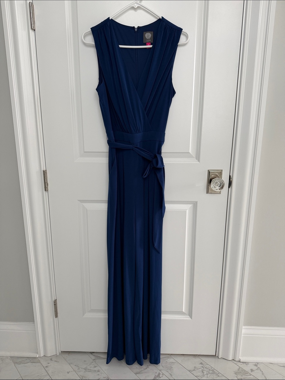 Vince Camuto Sleeveless Navy Faux-Wrap Maxi Dress with Waist Tie